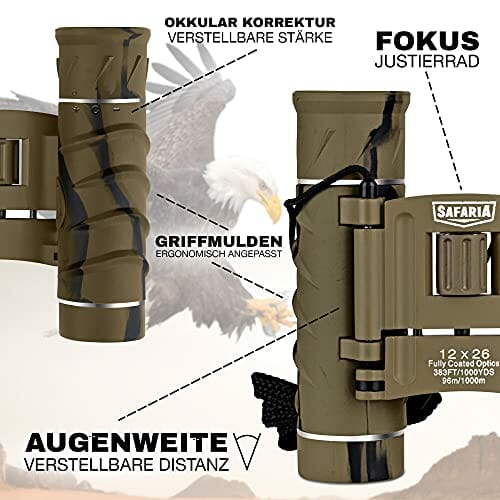 SAFARIA Lornetka dla dorosłych i dzieci – 12 x 26 kompaktowa lornetka, do obserwacji ptaków, obserwacji zwierząt, wędrówek, polowania – mała lornetka - obrazek 3
