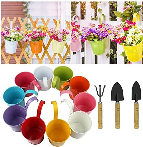 AIQII 10 doniczek do zawieszenia, 13 cm, doniczka balkonowa, doniczka wisząca, na balkon, do ogrodu, na ścianę, metalowa, uchwyt na kwiaty (13 x 13,5 x 9,5 cm)