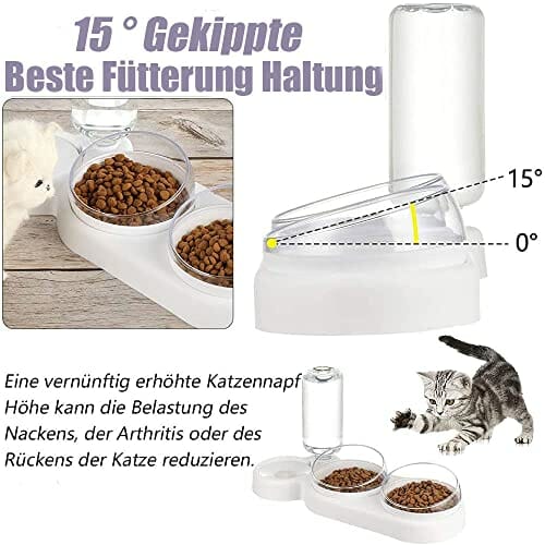 Zestaw mis dla kota pochylana o 15°, podwójna miska na karmę do mokrego i suchego karmu, z automatyczną butelką na wodę, dla małych i średnich psów i kotów - obrazek 9