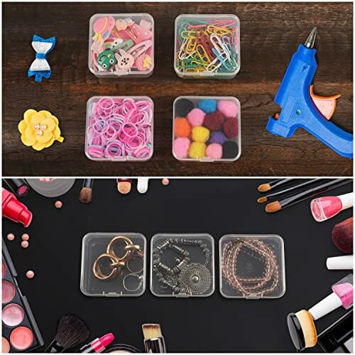 Belle Vous 12 sztuk przezroczystych plastikowych pojemników do przechowywania z pokrywkami na zawiasach - szer. 6,3 x dł. 6,3 x wys. 1,6 cm / 2,48 x 2,48 x 0,63 cala - mini pudełka na tabletki, koraliki, biżuterię i przedmioty rzemieślnicze - obrazek 3