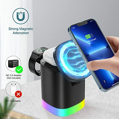 Bezprzewodowa ładowarka 3 w 1, indukcyjna stacja ładująca, bezprzewodowa ładowarka, kompatybilna z iPhone, 15 W, bezprzewodowa ładowarka z oświetleniem nocnym RGB, magnetyczna stacja ładująca do zegarka Apple iwatch i iPhone airpods - obrazek 6