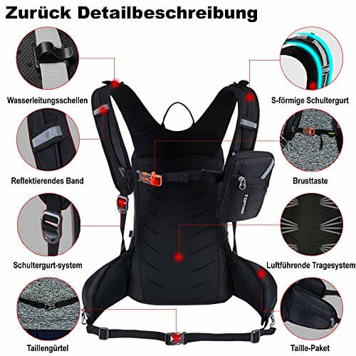 toptrek Plecak rowerowy 20 l, z osłoną przeciwdeszczową i osłoną na kask, wodoszczelny, ultralekki plecak do picia, dla mężczyzn/kobiet, do jazdy na rowerze, na kemping, wędrówki i bieganie - obrazek 6