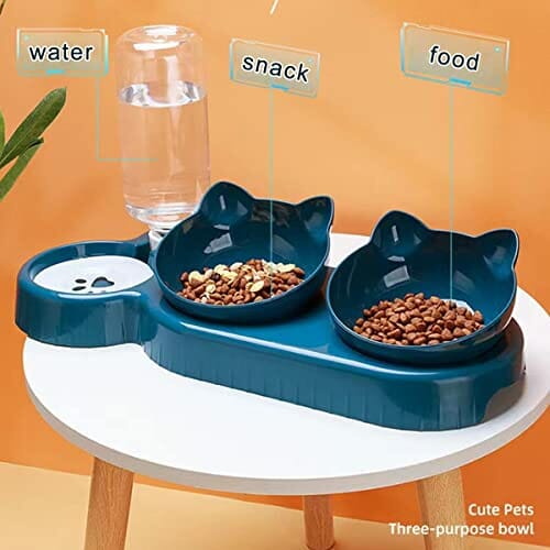 Miska dla kota z dozownikiem wody, zestaw 3 misek na karmę dla kotów i psów, nachylona o 15°, podwójna miska, na mokro i sucho, automatyczna ochrona odcinka szyjnego kręgosłupa - obrazek 3
