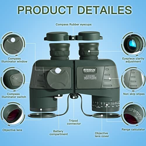 Wodoszczelna lornetka 10 x 50 dla dorosłych, do pływania łodzią, z dalmierzem, kompasem, profesjonalny sport, przenośna, na polowanie, do obserwacji ptaków, udoskonalony obiektyw FMC Bak4 - obrazek 3