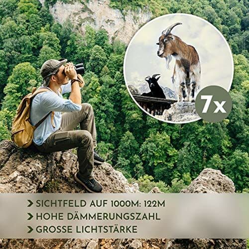 Burgstein® Lornetka dla dorosłych 7 x 50, teleskopowa – kompaktowa lornetka z torbą, narzędzie do podróży, polowania, safari i do obserwacji ptaków, profesjonalna lornetka na wędrówki - obrazek 4