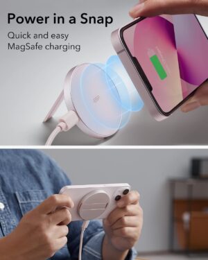 ESR HaloLock Bezprzewodowa ładowarka stojaka, kompatybilna z MagSafe/iPhone 14/14 Plus/14 Pro/14 Pro Max i iPhone 13/12/etui magnetyczne, kabel do szybkiego ładowania USB-C 1,5 m, bez adaptera, pastelowy róż