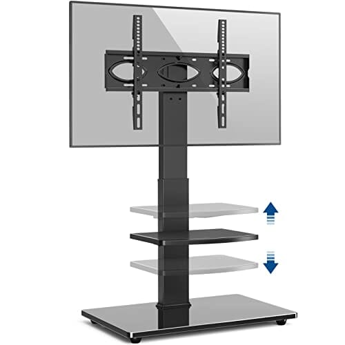 RFIVER Uniwersalny wysoki, obrotowy stojak podłogowy do telewizora na płaskie zakrzywione ekrany o średnicy do 50 kg z regulacją wysokości z podstawą ze szkła hartowanego do zarządzania kablami, czarny do końca łóżka, salonu - obrazek 3