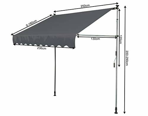 QUICK STAR Klemmmarkise 250x130cm Grau Balkonmarkise Sonnenschutz Terrassenüberdachung Höhenverstellbar von 200-290cm Markise Balkon ohne Bohren - obrazek 9