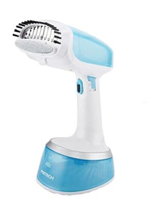 PRITECH - pionowe żelazko parowe 1200 W, zbiornik 350 ml, usuwa zagniecenia, zapach i dezynfekuje z szczotką do grubych tkanin, automatyczne wyłączanie bezpieczeństwa, biały, niebieski, panel ze stali nierdzewnej.