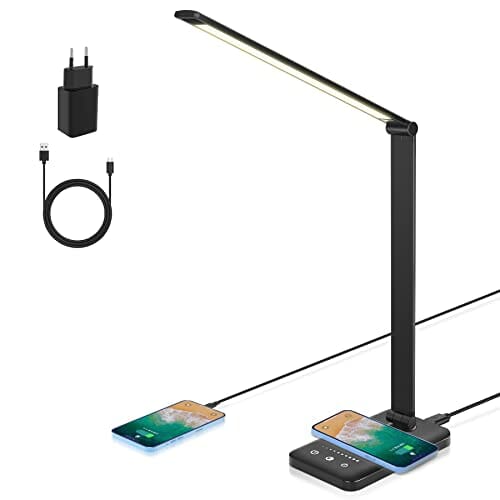 Wilktop Lampa biurkowa LED, ściemniana lampa stołowa 6 W, bezprzewodowe ładowanie i port ładowania USB, ochrona oczu, lampa do czytania, 10 poziomów jasności, 5 kolorów paneli dotykowych, lampa stołowa dla czytelników