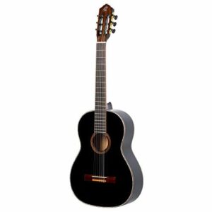 Ortega Guitars Czarna gitara koncertowa w rozmiarze 4/4 – dla leworęcznych – seria rodzinna – łącznie z torbą Gigbag – mahoń/koc świerkowy (R221BK-L)