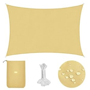 Sekey Sonnensegel Wasserdicht 2x3m Rechteckig PES Polyester, Sonnenschutz 95% UV Schutz Windschutz Reißfest Wetterfest, für Balkon Garten, mit Ösen und Befestigungsseile, Sand