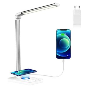 AZ GOGO Lampa biurkowa LED, ściemniana, 15 W, przyjazna dla oczu, lampa stołowa ze złączem USB i ładowarką bezprzewodową, 5 kolorów i 10 poziomów jasności, funkcja pamięci, sterowanie dotykowe, do czytania w biurze
