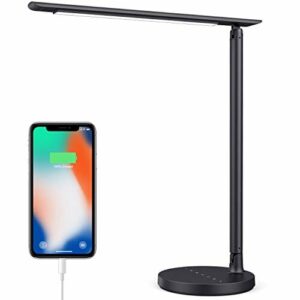 iPosible Lampa biurkowa LED 23 W Biurowa lampa stołowa 3 kolory i 7 poziomów jasności, możliwość ściemniania, 4 tryby oświetlenia, funkcja pamięci, lampa stołowa, port ładowania smartfona, lampa stołowa