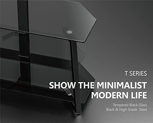 FITUEYES Narożny stojak na telewizor do telewizorów od 32 do 70 cali, uniwersalny wspornikowy stojak podłogowy do telewizora z otwartymi szklanymi półkami do przechowywania, czarny, 45 kg - obrazek 4