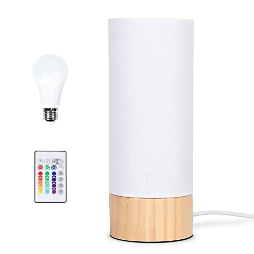 Tomons Lampa nocna z drewna, ściemniana lampa stołowa RGB, z pilotem zdalnego sterowania i żarówką, styl skandynawski, lampa stołowa z abażurem z materiału, do sypialni, salonu, gabinetu, biała