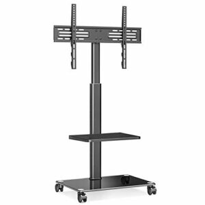 FITUEYES Stojak pod telewizor na kółkach do telewizorów od 32 do 60 cali, przenośny mobilny stojak na telewizor, obrotowy wózek na telewizor, regulacja wysokości, zdejmowana półka, czarny, łatwy montaż