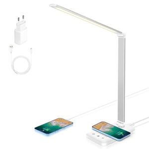 Wilktop Lampa biurkowa LED, ściemniana lampa stołowa 6 W, bezprzewodowe ładowanie i port ładowania USB, ochrona oczu, lampa do czytania, 10 poziomów jasności, 5 kolorów panel dotykowy sterowanie lampa stołowa do czytania