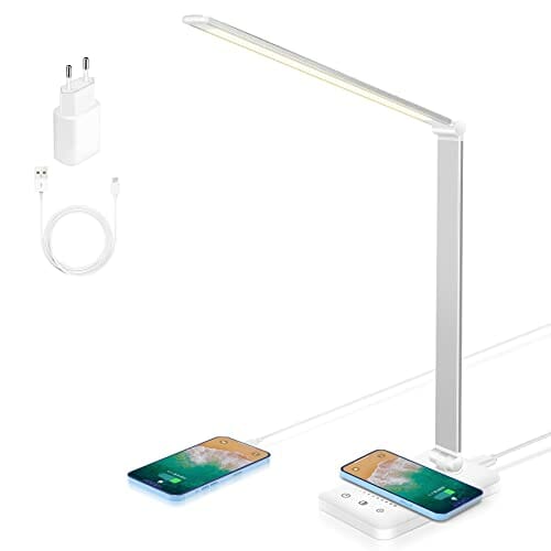 Wilktop Lampa biurkowa LED, ściemniana lampa stołowa 6 W, bezprzewodowe ładowanie i port ładowania USB, ochrona oczu, lampa do czytania, 10 poziomów jasności, 5 kolorów panel dotykowy sterowanie lampa stołowa do czytania