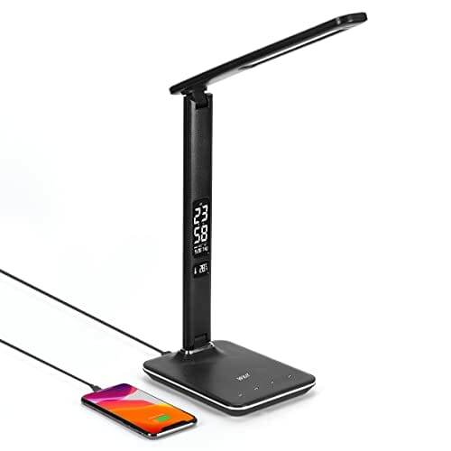 WILIT U13 9 W lampa biurkowa LED z przyłączem USB do ładowania smartfona, 3 kolory i 5 poziomów ściemniania, kalendarz na ekranie i budzik, sterowanie dotykowe, czarna