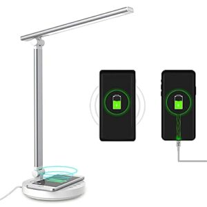 MAOYUTOU Lampa biurkowa LED, 5 kolorów i 5 poziomów jasności, składana ochrona oczu, lampa stołowa z bezprzewodową ładowarką i złączem USB, lampka nocna, timer samochodowy 45 min, funkcja pamięci dotykowej