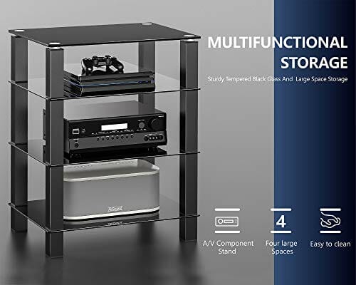 FITUEYES HiFi stojak AV półka 4-poziomowy szklany stojak pod telewizor z półkami do przechowywania nośników ze szkła hartowanego, czarny AS406002 GB - obrazek 4
