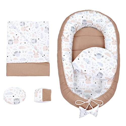Zestaw gniazdek niemowlęcych noworodek 90x50 cm bawełna wafelek - przytulanka gniazdko niemowlęce 5-częściowy kokon sowa brązowy