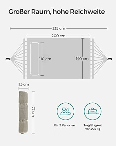 SONGMICS Hamak dla 2 osób, wyściełany, hamak outdoorowy z oddzielnymi bambusowymi drążkami, hamak kempingowy z poduszkami, 200 x 140 cm, maks. obciążenie 225 kg, kremowo-beżowy GDC34BE - obrazek 2