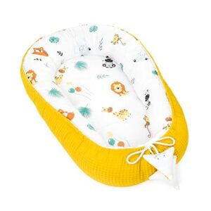 Ochraniacz niemowlęcy noworodek 90x50 cm - kokon Ręcznie robiony dwustronny bawełniany wafelek z - Babynest Safari Toffi