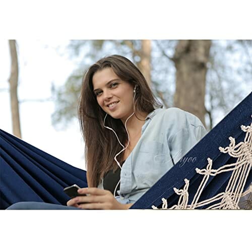 Anyoo Bawełniany hamak z frędzlami, przenośny, kompaktowy, outdoorowy hamak z wiszącymi paskami i torbą do przenoszenia, do ogrodu, na patio, ganek, obciążenie 200 kg - obrazek 2