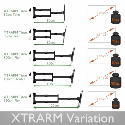 XTRARM TiTon 120 cm odległość od ściany, uchwyt ścienny TV, długie ramię obrotowe, pochylanie, obracanie, wysuwanie, TV ok. 32-75 cali do 40kg - obrazek 2