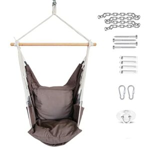 PRIME ART WOOD Fotel wiszący z 2 dużymi poduszkami sprawdzony przez TÜV z hakami sufitowymi – idealny do wyłączania, relaksu i dobrego samopoczucia – na zewnątrz i wewnątrz – hamak szary