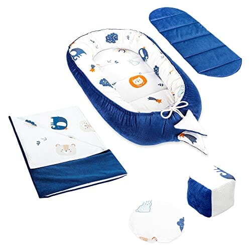 Zestaw gniazdek niemowlęcych noworodek 90x50 cm Aksamit - przytulanki gniazdko Kokon 5-częściowy tęczowy ciemnoniebieski - obrazek 6