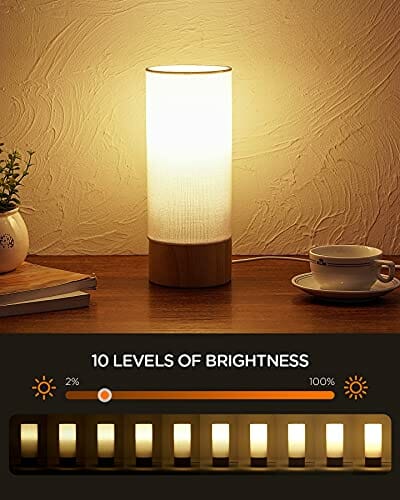 Tomons Lampa nocna z drewna, ściemniana lampa stołowa RGB, z pilotem zdalnego sterowania i żarówką, styl skandynawski, lampa stołowa z abażurem z materiału, do sypialni, salonu, gabinetu, biała - obrazek 7
