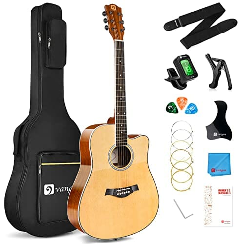Vangoa Gitara akustyczna 4/4, dla początkujących dorosłych, gitara westernowa Cutaway drewno świerkowe, zestaw dla początkujących z 6 stalowymi strunami, paskiem, kostkami do uderzania, naturalna