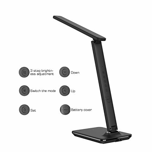 WILIT U13 9 W lampa biurkowa LED z przyłączem USB do ładowania smartfona, 3 kolory i 5 poziomów ściemniania, kalendarz na ekranie i budzik, sterowanie dotykowe, czarna - obrazek 2