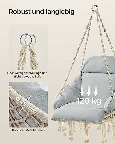 SONGMICS Fotel wiszący, huśtawka wisząca, krzesło wiszące z grubą poduszką, obciążenie do 120 kg, do ogrodu, na balkon, do salonu, na taras, styl skandynawski, nowoczesny, beżowo-szary GDC042G01 - obrazek 5