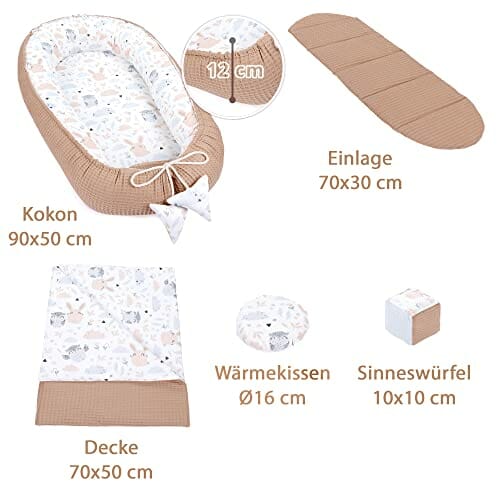 Zestaw gniazdek niemowlęcych noworodek 90x50 cm bawełna wafelek - przytulanka gniazdko niemowlęce 5-częściowy kokon sowa brązowy - obrazek 5