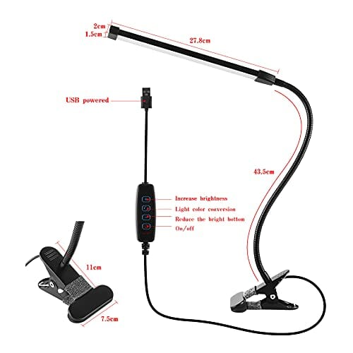 Wilktop Lampa biurkowa 8 W, ściemniana, z zaciskiem USB, 3 trybami (zimna/ciepła/naturalna biała) 10 poziomów jasności, lampa biurkowa LED do biura, nauki, czytania, nauki, pracy (czarna) - obrazek 5