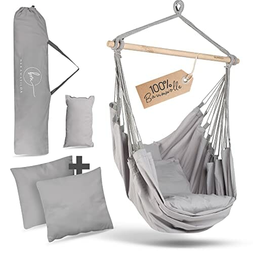 BELLAMATILDA fotel wiszący, 100% bawełna, bardzo długi i 3 poduszki, krzesło wiszące, do użytku na zewnątrz i wewnątrz, XXL dla dorosłych i dzieci, do 150 kg, do ogrodu, salonu, na balkon (jasnoszary)