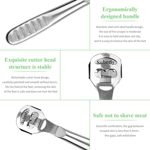 Pilarka do zrogowaciałego naskórka i usuwania zrogowaciałego naskórka, ergonomiczna, profesjonalna tarka do zrogowaciałego naskórka ze stali nierdzewnej, narzędzie do pielęgnacji stóp, z 10 zapasowymi ostrzami - obrazek 6