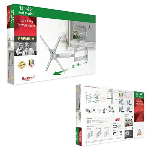 Barkan 76 cm długi biały uchwyt ścienny do telewizora, 13 - 65 cali wychylny / pochylany / ruchomy uchwyt na telewizor, wytrzymuje do 36 kg, bardzo długi wysuw, do LED OLED LCD, maks. VESA 400 x 400 - obrazek 4