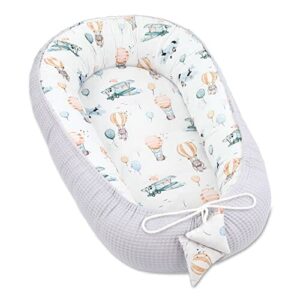 Ochraniacz niemowlęcy noworodek 90x50 cm - kokon Ręcznie robiony dwustronnie bawełniany wafelek z - misiem niemowlęcym Jasnoniebieski