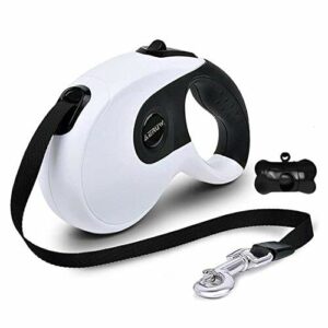 Smycz zwijana smycz dla psów, silna smycz dla psów, z jednym guzikiem, do 5 m, dla psów do maks. 40 kg, dozownik worków i torby na odchody w zestawie