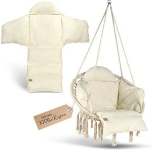 BELLAMATILDA fotel wiszący z koszem i poduszką XXL | bardzo miękki fotel wiszący do użytku na zewnątrz i wewnątrz | XXL fotel wiszący dla dorosłych i dzieci do 150 kg | do ogrodu, salonu, na balkon (beżowy)