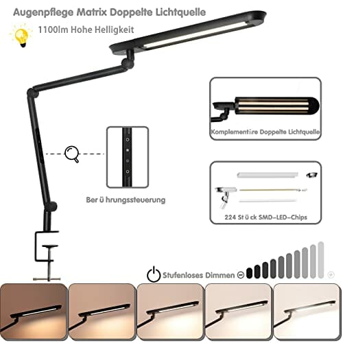 AmazLit lampa biurkowa LED, 1100 lumenów, z zaciskiem, ramię obrotowe, lampa architektoniczna, 18 W, wysoka jasność, bez oślepiania, ochrona oczu, lampa biurowa, oświetlenie wielozadaniowe / funkcja - obrazek 9