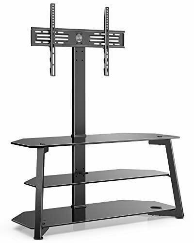 FITUEYES Narożny stojak na telewizor do telewizorów od 32 do 70 cali, uniwersalny wspornikowy stojak podłogowy do telewizora z otwartymi szklanymi półkami do przechowywania, czarny, 45 kg