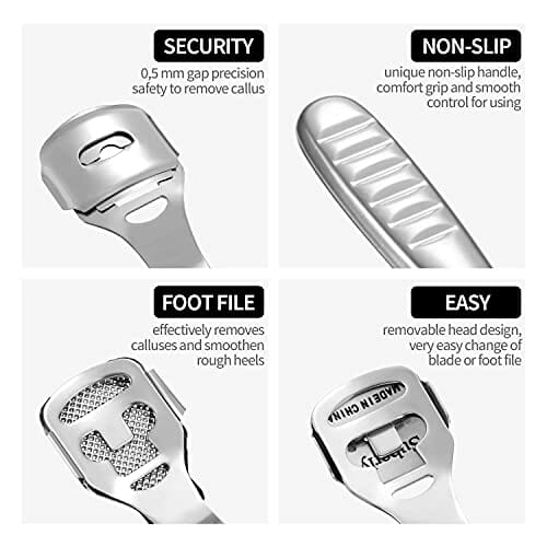 Econtal Szatkownica do zrogowaciałego naskórka z uchwytem ze stali nierdzewnej, przyrząd do usuwania zrogowaciałego naskórka, do pielęgnacji stóp, z 10 ostrzami w pudełku - obrazek 3