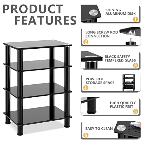 RFIVER Stojak HiFi Półka AV Stojak na stolik pod telewizor 4 poziomy Półki ze szkła hartowanego na gramofon Gramofon Stojak na konsolę Xbox Płyta do rozrywki audio Szafka multimedialna Czarny - obrazek 5