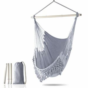 Chihee Fotel hamakowy, duży, relaksujący, wiszący, huśtawka, bawełniany splot dla najwyższego komfortu, eleganckie frędzle, kreatywny metal, mocny pałąk, 3-częściowy kombinacja, zdejmowany, łatwy w instalacji
